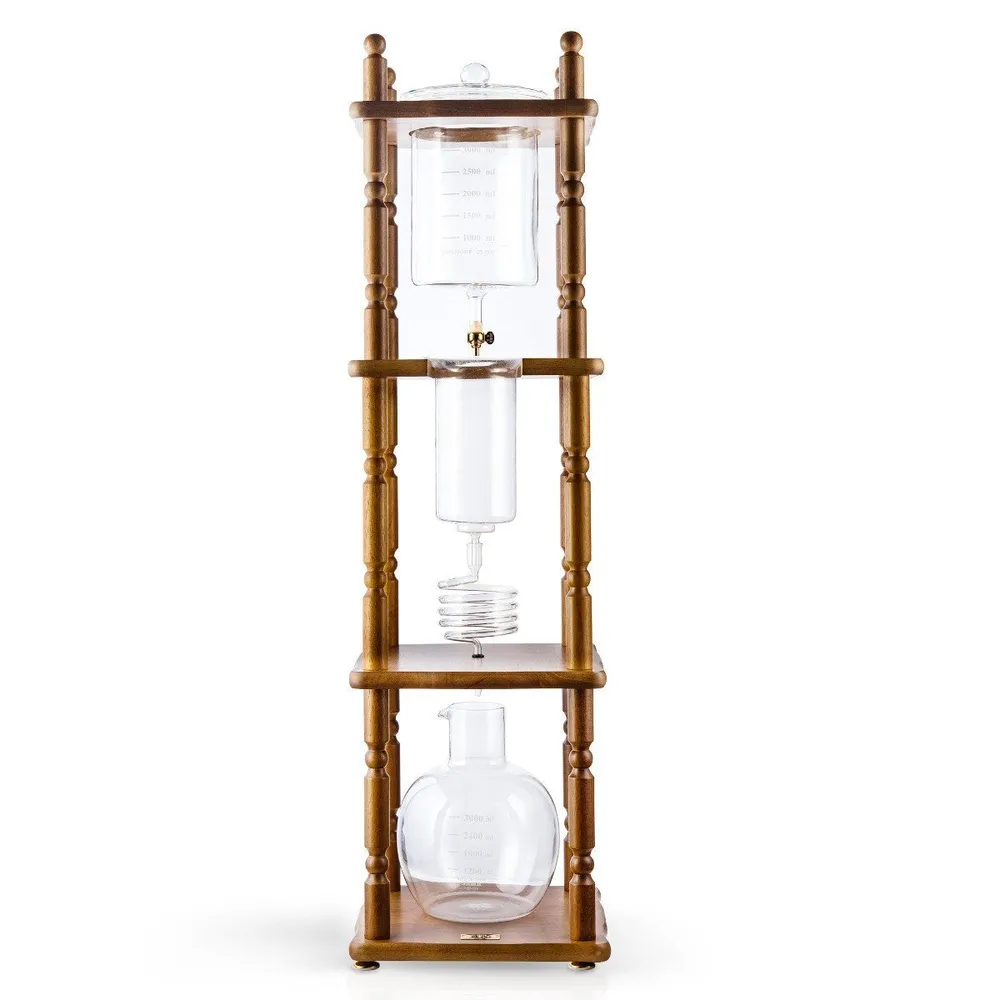 Yama Glass Cold Brew Tower – Curved Brown Wood Frame – 25 Cup (100 oz)