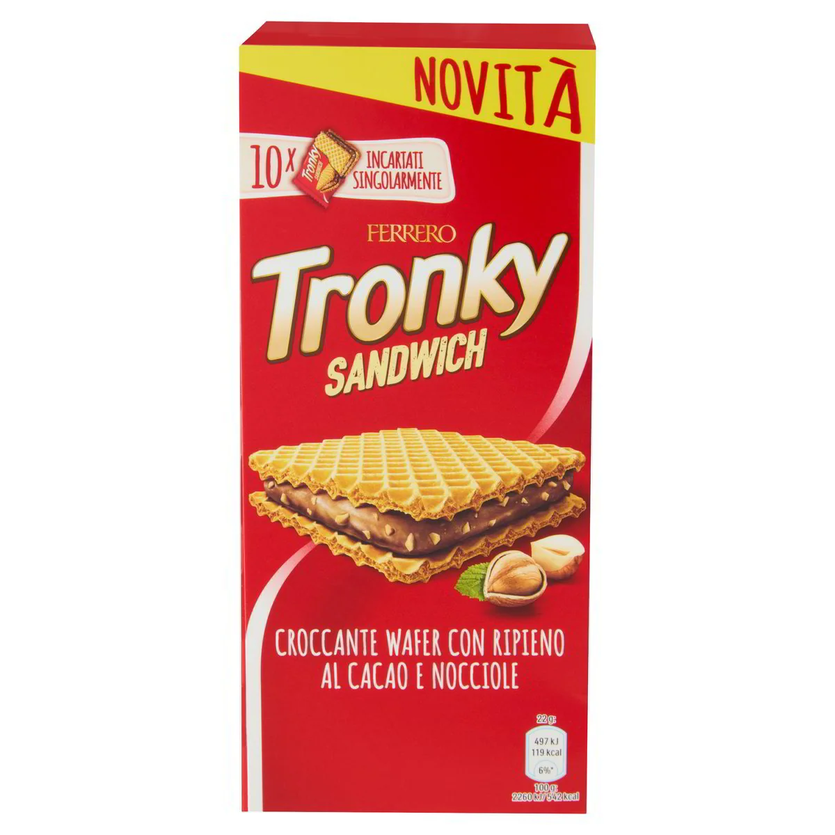 Tronky - Sandwich x10pcs - Wafer Con Ripieno al Cacao e Nocciole - 220g