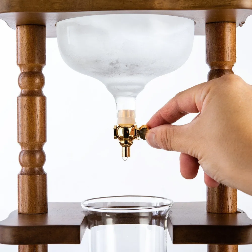 Yama Glass Cold Brew Tower – Curved Brown Wood Frame – 6–8 Cup (32 oz)